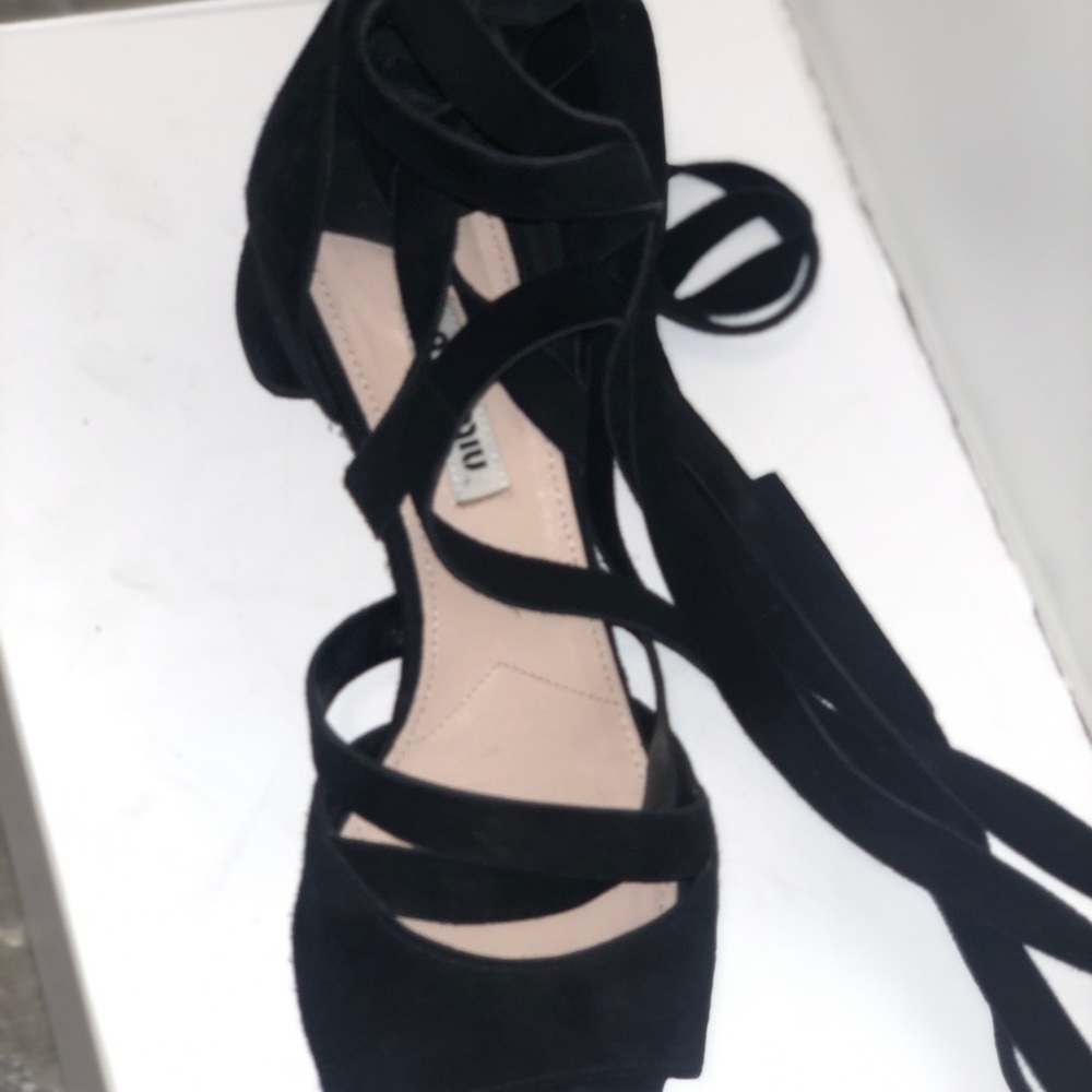 Miu Miu Short Block Heel Lace Up Suede Sandal - image 1